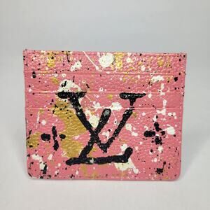 Anca Barbu Leather Credit Card Holder Wallet Hand Painted Pink Gold Black LV